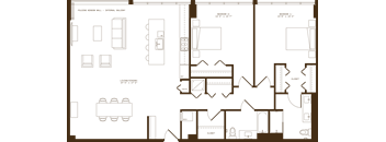 A floor plan of a building with rooms and furniture.