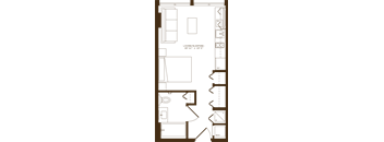 A floor plan of a living space with a sleeping area and a kitchen.