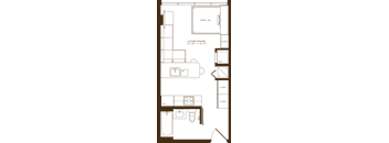 A floor plan of a small apartment with a living room, dining room, kitchen, and bathroom.
