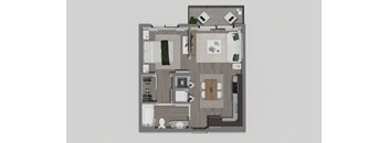 A floor plan of a house with a kitchen, living room, and two bedrooms.