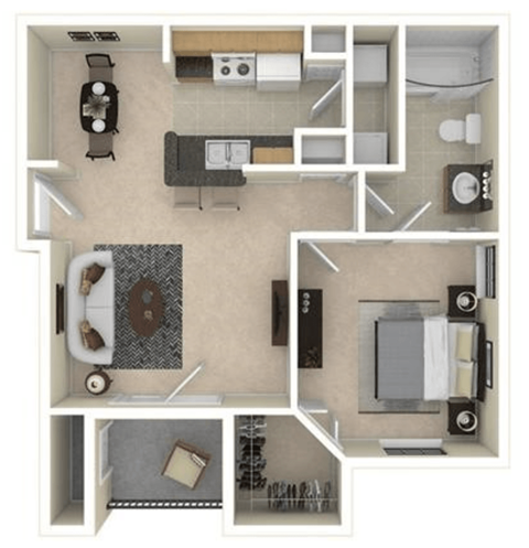 a floor plan of a studio apartment with a bedroom and a living room