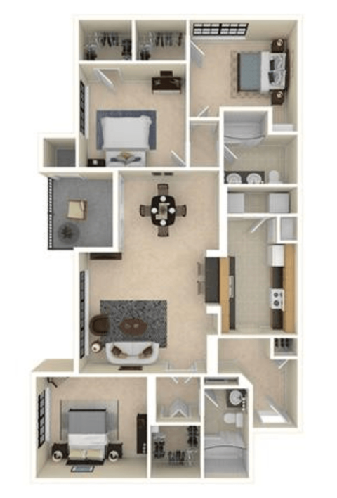 a 3d floor plan of a house with roommates