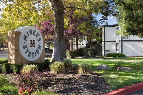 A sign for Miners Station sits in front of a tree.