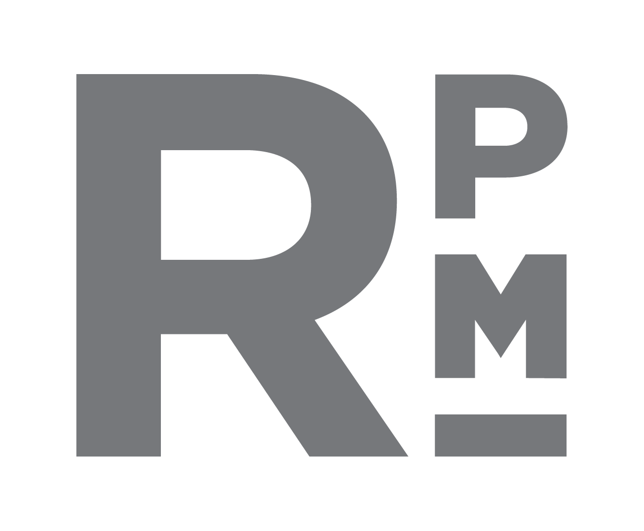 The image shows a large grey letter "R" followed by a smaller grey letter "P" and "M" on a green background.