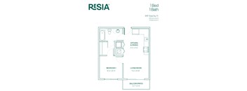 A floor plan for a 1 bedroom, 1 bathroom apartment by Resia.