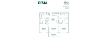 A floor plan for a Resia 2 Bedroom, 2 Bathroom apartment.
