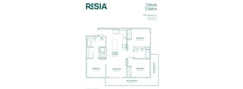 A floor plan for a Resia 3 Bedroom, 2 Bathroom apartment.
