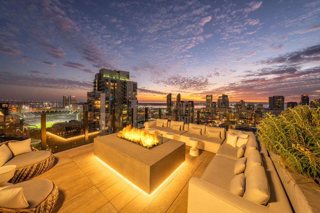 outside fireplace with city views