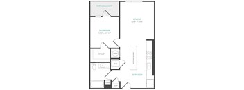 A floor plan of a living space with a kitchen and bedroom.