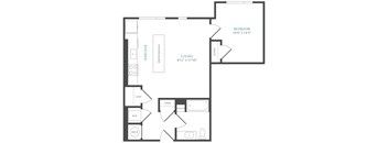 A floor plan of a living space with a kitchen, bedroom, and closet.