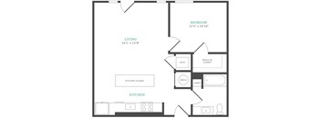 A floor plan of a small apartment with a living room, kitchen, and bedroom.