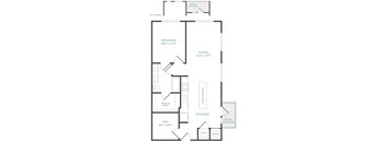 A floor plan of a home with a living room, kitchen, and den.
