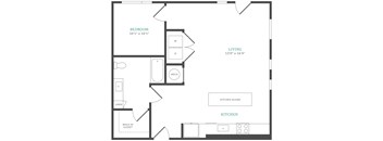 A floor plan of a living space with a bedroom, kitchen, and a linen closet.