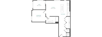 A black and white floor plan of a house with a den, bedroom, living room, kitchen, closet, and bathroom.