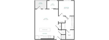 A black and white image of a house floor plan with a den, bedroom, living room, kitchen, and walk-in closet.