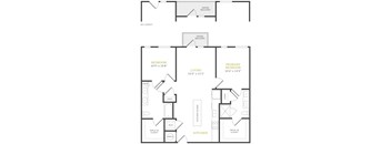 A floor plan of a home with a living room, two bedrooms, a kitchen, and a patio.