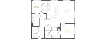 A black and white image of a floor plan for a home with a living room, kitchen, and two bedrooms.