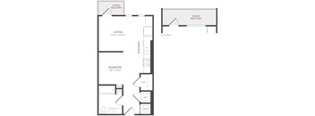 A floor plan of a small apartment with a living room, bedroom, kitchen, and bathroom.