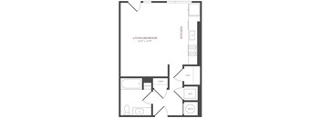 A floor plan of a living area and kitchen.