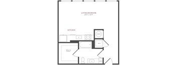 A floor plan of a living/bedroom area with a kitchen.