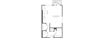 A floor plan of a home with a living room, kitchen, and bathroom.