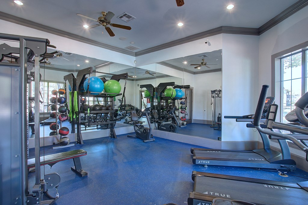 A gym with a variety of equipment including treadmills, weights, and exercise balls.
