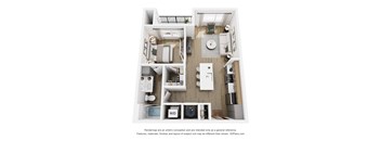 A 3D floor plan of a small apartment with a kitchen, living room, and bathroom.