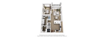 A 3D floor plan of a small apartment with a kitchen, living room, and bathroom.
