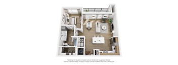 A 3D floor plan of a house with a kitchen, living room, and bathroom.
