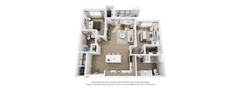 A 3D floor plan of a house with a kitchen, living room, and bathrooms.