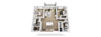 A 3D floor plan of a house with a kitchen, living room, and two bedrooms.