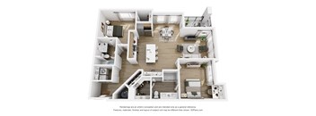 A 3D floor plan of a house with multiple rooms and furniture.