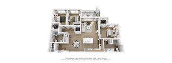 A 3D floor plan of a house with multiple rooms and furniture.