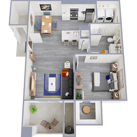 a 3d rendered floor plan of a one bedroom apartment