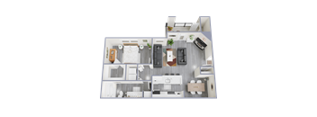 A 3D floor plan of a house with a kitchen, living room, and bedrooms.