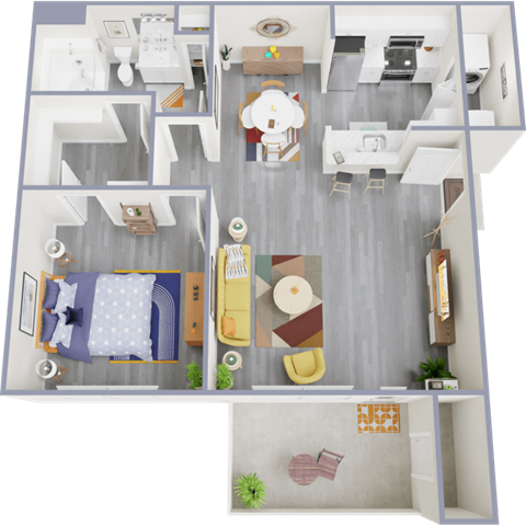 a 3d rendering of our 1 bedroom apartment at princeton court apartments in dallas