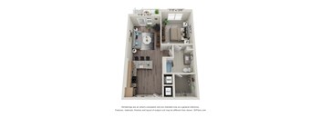 A 3D floor plan of a small apartment with a kitchen, living room, and bathroom.