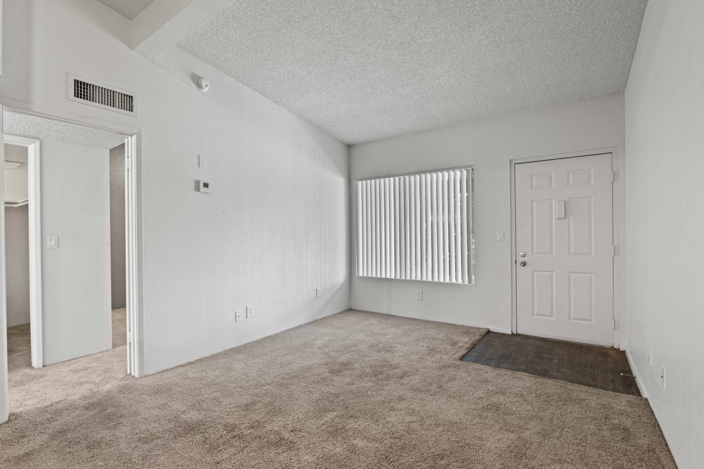 A room with a carpeted floor and a window with blinds.