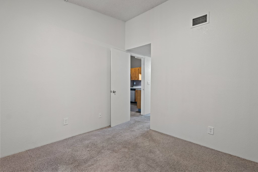A room with a carpeted floor and a doorway leading to another room.