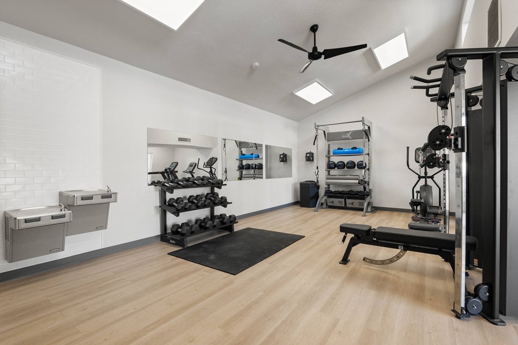 A gym with a variety of equipment including weights and a bench.