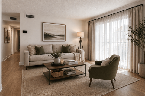 A living room with a couch, chair, and a painting on the wall.