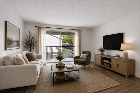 A living room with a couch, armchair, and television.