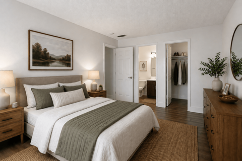 A bedroom with a large bed and a painting on the wall.