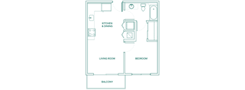 A floor plan of a small apartment with a kitchen, living room, bedroom, and balcony.