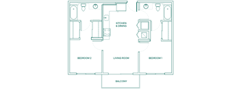 A floor plan of a house with a kitchen, living room, and two bedrooms.