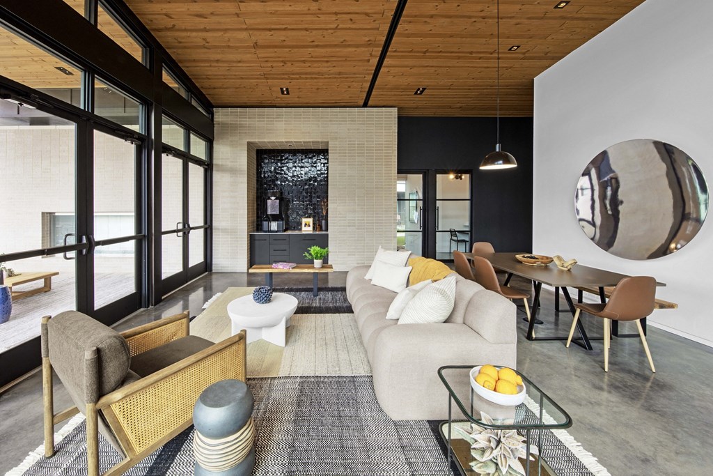 a living room with a couch and a table