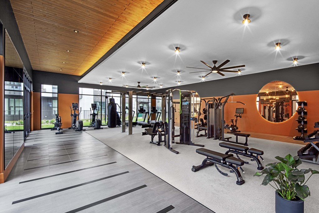 a large fitness room with exercise equipment and a large mirror