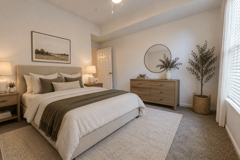 A bedroom with a large bed, a side table with a lamp, and a framed picture on the wall.