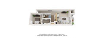 a stylized floor plan with a bedroom and a living room