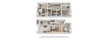 a stylized image of a 1 bedroom floor plan and a 2100 sq ft apartment